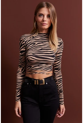 Kadın Camel-Siyah Sırt Dekolteli Zebra Desenli Crop Bluz LPP1131