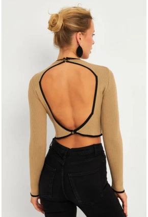 Kadın Camel-Siyah Sırtı Açık Bluz YV270
