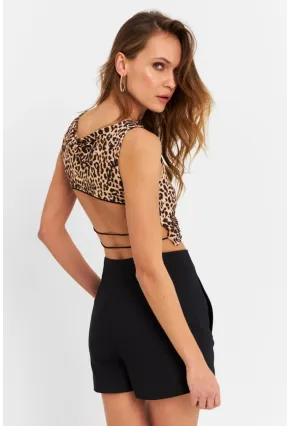 Kadın Camel-Siyah Sırtı Açık Leopar Crop Bluz ZH138
