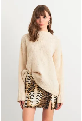 Kadın Camel-Siyah Suni Deri Zebra Desenli Mini Etek NH24475