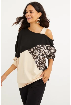 Kadın Camel-Siyah Tek Omuz Leopar Desen Bloklu Sweatshirt BK231066