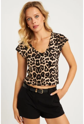 Kadın Camel-Siyah V Yaka Desenli Bluz LPP1285