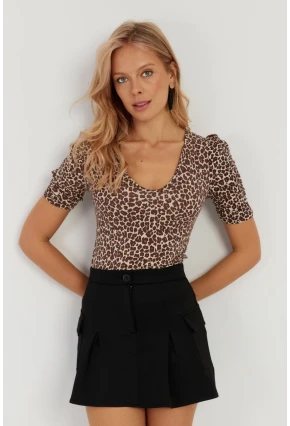 Kadın Camel-Siyah V Yaka Leopar Bluz LPP1263