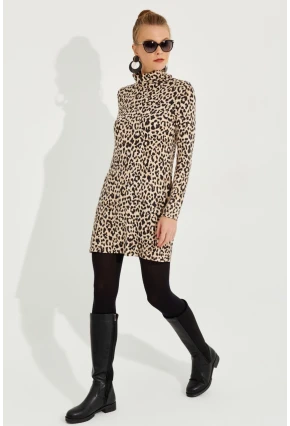 Kadın Camel-Siyah Yumoş Leopar Mini Elbise AYD253