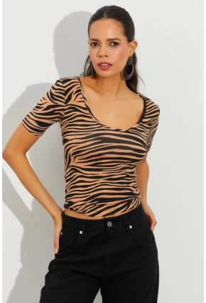 Kadın Camel-Siyah Zebra Desenli Bluz LPP1224