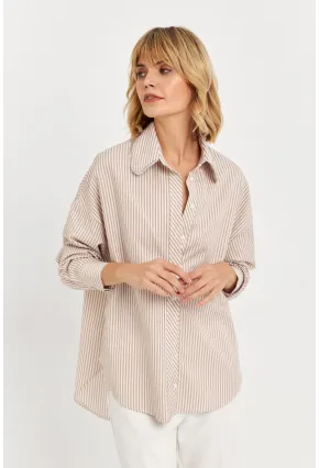 Kadın Camel Taş Detaylı Çizgili Gömlek KED4088