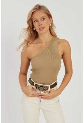Kadın Camel Tek Omuz Triko Bluz YV90