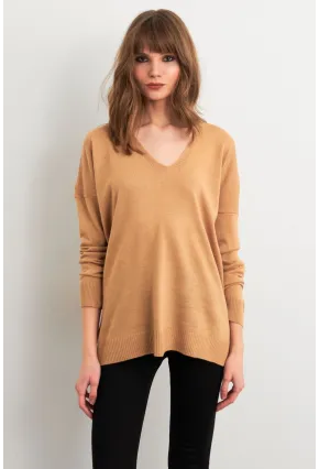 Kadın Camel V Yaka Triko Kazak YİL549