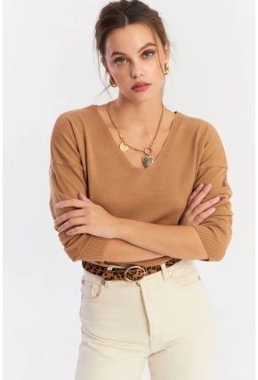 Kadın Camel V Yaka Yalaş Triko Bluz YİL552