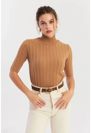 Kadın Camel Yarım Balıkçı Triko Bluz YV287