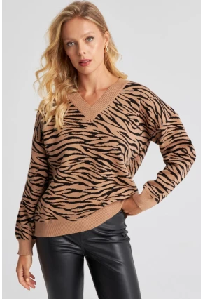Kadın Camel Zebra Desenli Triko Kazak YZ521
