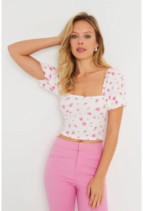 Kadın Çiçekli Crop Bluz Beyaz AYD270