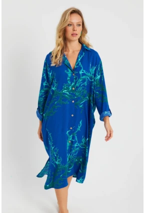 Kadın Desenli Gömlek Elbise Saks LV174