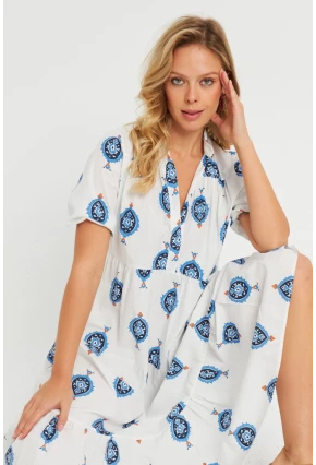 Kadın Desenli Salaş Mini Elbise Beyaz ASH23046