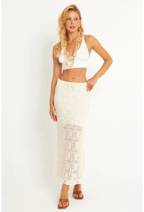 Kadın Ekru Ajurlu Astarlı Triko Maxi Etek TOP05