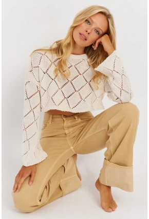 Kadın Ekru Ajurlu Kısa Triko Bluz YZ628