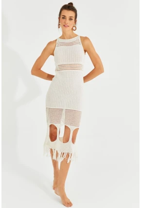 Kadın Ekru Ajurlu Maxi Plaj Elbisesi KZ521