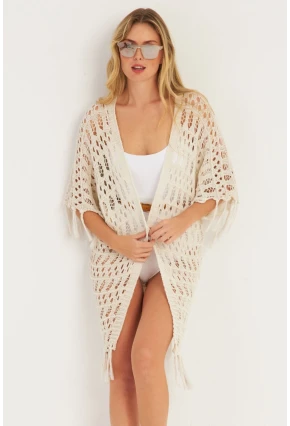 Kadın Ekru Ajurlu Püsküllü Hırka YV224