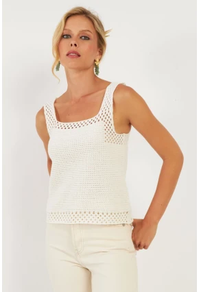 Kadın Ekru Ajurlu Triko Bluz YV258