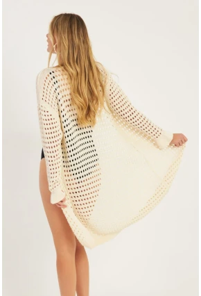 Kadın Ekru Ajurlu Triko Hırka ZU608