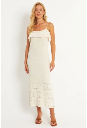 Kadın Ekru Ajurlu Triko Midi Elbise HC1569