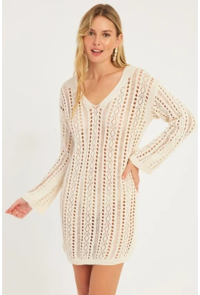 Kadın Ekru Ajurlu Triko Mini Elbise MZU605