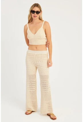 Kadın Ekru Ajurlu Triko Pantolon YZ3062