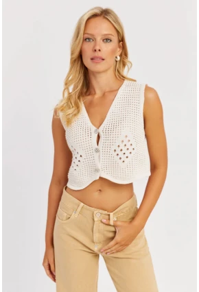 Kadın Ekru Ajurlu Triko Yelek YZ627