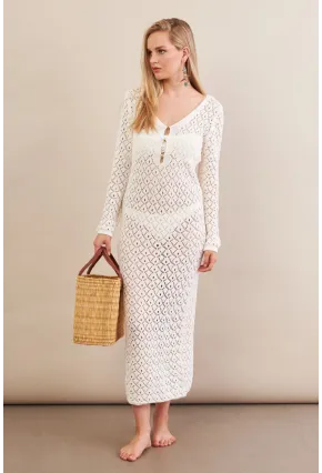 Kadın Ekru Aksesuarlı Triko Plaj Elbisesi KZ3237-90