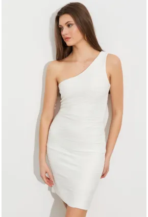 Kadın Ekru Asimetrik Yaka Astarlı Mini Elbise LİT109-1