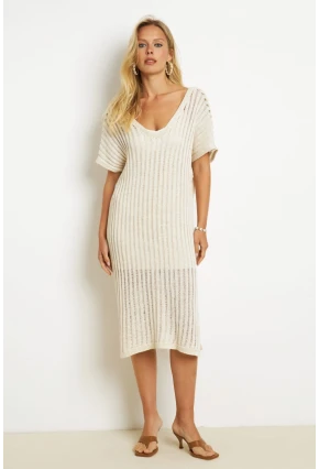 Kadın Ekru Astarlı Simli Triko Midi Elbise ET04