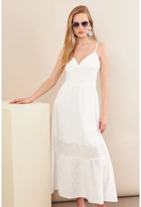 Kadın Ekru Ayarlanabilir Askılı Fistolu Midi Elbise İRE100