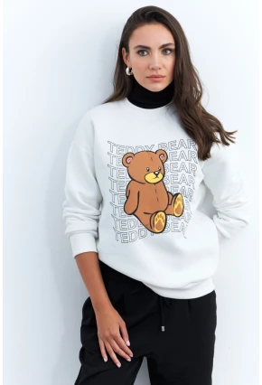 Kadın Ekru Ayıcık Baskılı Sweatshirt ZM288