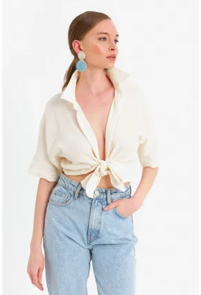 Kadın Ekru Bağlamalı Keten Bluz BTH16