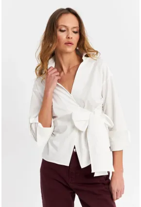 Kadın Ekru Bağlamalı Kruvaze Gömlek MFS9792