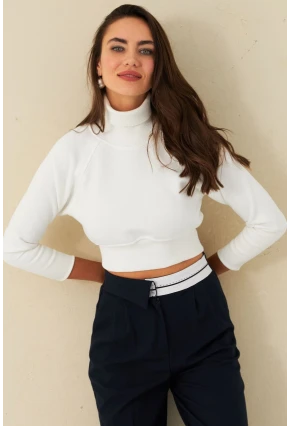 Kadın Ekru Balıkçı Crop Sweatshirt DY1469