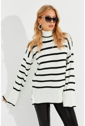Kadın Ekru Balıkçı Yaka Çizgili Kazak Q976