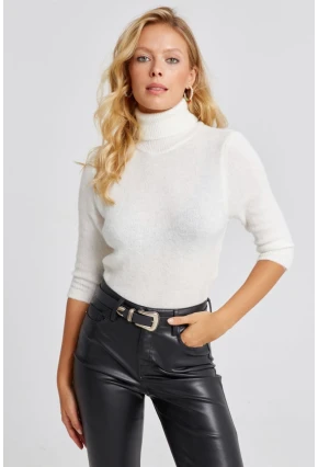 Kadın Ekru Balıkçı Yaka Triko Kazak KZ2499