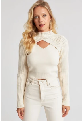 Kadın Ekru Bolerolu Triko Takım YZ524