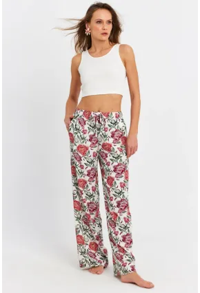 Kadın Ekru-Bordo Çiçek Desenli Pantolon FLS03