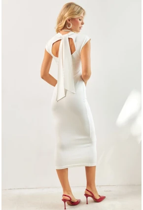 Kadın Ekru Boyun Bağlamalı Büzgülü Midi Elbise KED4281