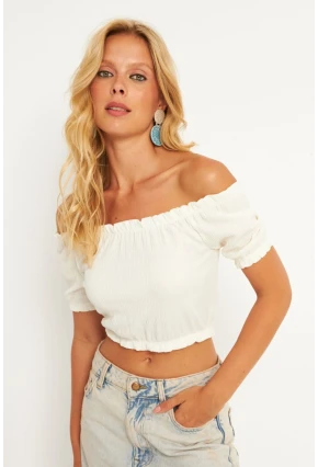 Kadın Ekru Bürümcük Crop Bluz KAZ10