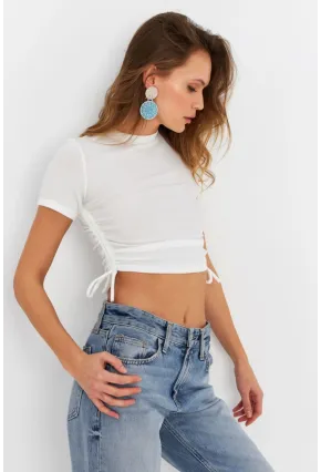 Kadın Ekru Büzgülü Crop Bluz ANT103