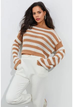 Kadın Ekru-Camel İspanyol Kol Ajurlu Triko Kısa Bluz YV109
