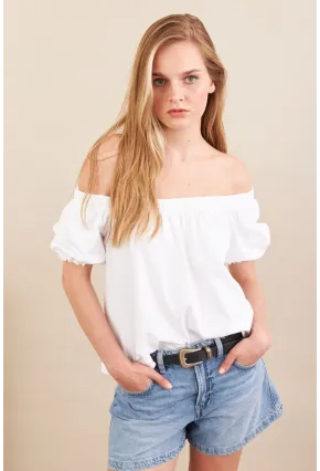 Kadın Ekru Carmen Yaka Balon Kol Bluz SAN106