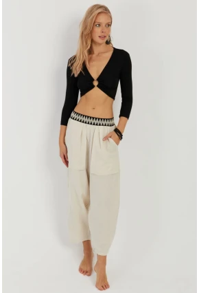 Kadın Ekru Cepli Şalvar Pantolon ÖM1203