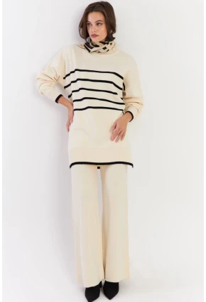 Kadın Ekru Çizgili Alt Üst Triko Takım NUV1069