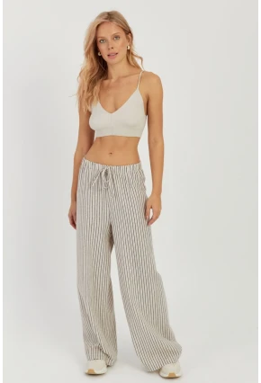Kadın Ekru Çizgili Keten Pantolon Q986