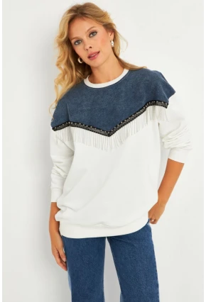 Kadın Ekru Denim Bloklu Sweatshirt PKA808