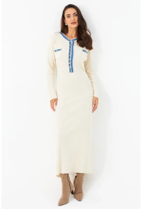 Kadın Ekru Denim Detaylı Maxi Elbise MQAS200